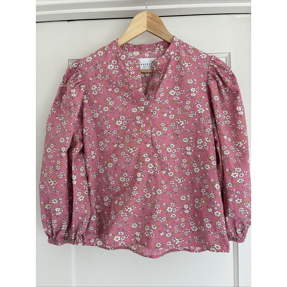 The Shirt Rochelle Behrens Top Blouse Xsmall Pink Floral Puff Sleeve Henley